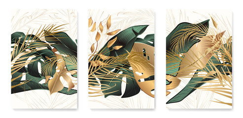 Tropical gold and green luxury background. Botanical art banner with palm, monstera, bamboo for decoration, interior design, invitations, packaging