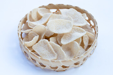 Prawn crackers on white background. Shrimp crispy rice snack