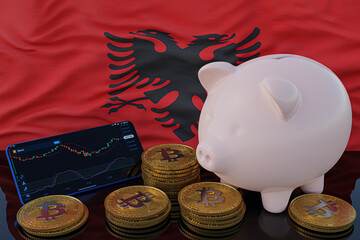 Bitcoin and cryptocurrency investing. Albania flag in background. Piggy bank, the of saving...