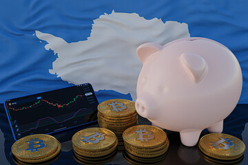 Bitcoin and cryptocurrency investing. Antarctica flag in background. Piggy bank, the of saving concept. Mobile application for trading on stock. 3d render illustration.