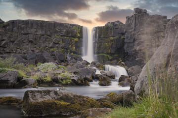 Oxarfoss waterfall in Thingelvir Iceland.
