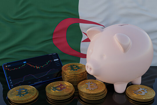 Bitcoin and cryptocurrency investing. Algerian flag in background. Piggy bank, the of saving concept. Mobile application for trading on stock. 3d render illustration.