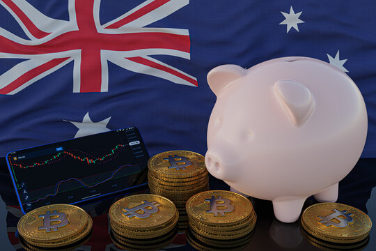 Bitcoin and cryptocurrency investing. Australia flag in background. Piggy bank, the of saving concept. Mobile application for trading on stock. 3d render illustration.