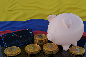 Bitcoin and cryptocurrency investing. Colombia flag in background. Piggy bank, the of saving concept. Mobile application for trading on stock. 3d render illustration.