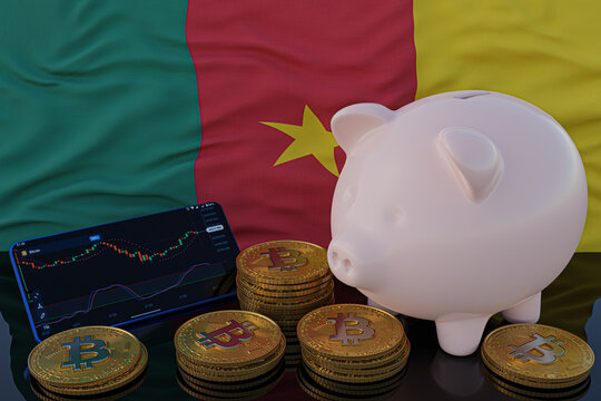 Bitcoin and cryptocurrency investing. Cameroon flag in background. Piggy bank, the of saving concept. Mobile application for trading on stock. 3d render illustration.