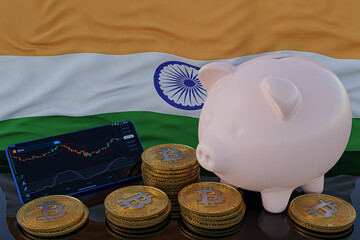 Bitcoin and cryptocurrency investing. India flag in background. Piggy bank, the of saving concept. Mobile application for trading on stock. 3d render illustration.