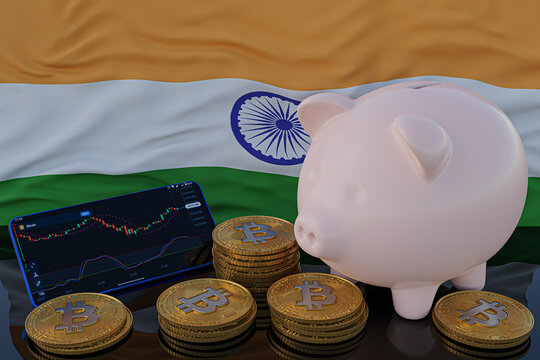 Bitcoin and cryptocurrency investing. India flag in background. Piggy bank, the of saving concept. Mobile application for trading on stock. 3d render illustration.