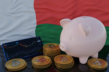 Bitcoin and cryptocurrency investing. Madagascar flag in background. Piggy bank, the of saving concept. Mobile application for trading on stock. 3d render illustration.