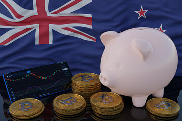 Bitcoin and cryptocurrency investing. New Zealand flag in background. Piggy bank, the of saving concept. Mobile application for trading on stock. 3d render illustration.