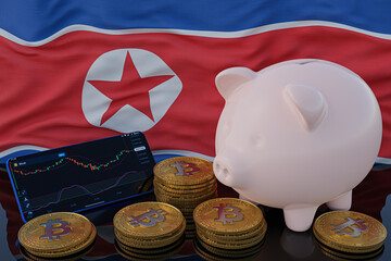 Bitcoin and cryptocurrency investing. North Korea flag in background. Piggy bank, the of saving concept. Mobile application for trading on stock. 3d render illustration.