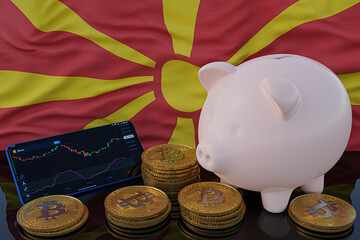 Bitcoin and cryptocurrency investing. North Macedonia flag in background. Piggy bank, the of saving concept. Mobile application for trading on stock. 3d render illustration.