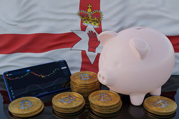 Bitcoin and cryptocurrency investing. Northern Ireland flag in background. Piggy bank, the of saving concept. Mobile application for trading on stock. 3d render illustration.