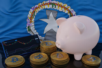 Bitcoin and cryptocurrency investing. Northern Mariana Islands flag in background. Piggy bank, the of saving concept. Mobile application for trading on stock. 3d render illustration.
