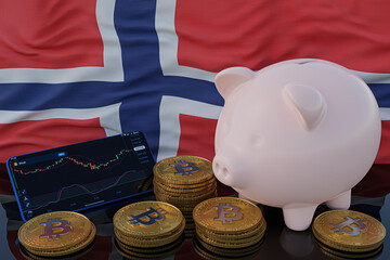 Bitcoin and cryptocurrency investing. Norway flag in background. Piggy bank, the of saving concept. Mobile application for trading on stock. 3d render illustration.