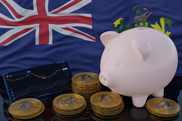 Bitcoin and cryptocurrency investing. Pitcairn Islands flag in background. Piggy bank, the of saving concept. Mobile application for trading on stock. 3d render illustration.