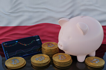Bitcoin and cryptocurrency investing. Poland flag in background. Piggy bank, the of saving concept. Mobile application for trading on stock. 3d render illustration.