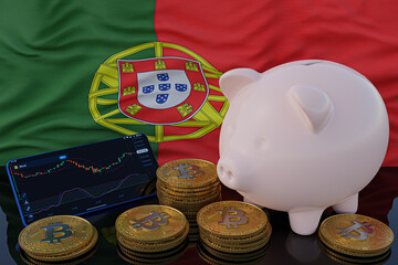 Bitcoin and cryptocurrency investing. Portugal flag in background. Piggy bank, the of saving concept. Mobile application for trading on stock. 3d render illustration.
