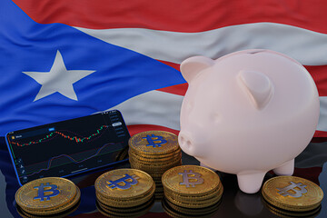 Bitcoin and cryptocurrency investing. Puerto Rico flag in background. Piggy bank, the of saving concept. Mobile application for trading on stock. 3d render illustration.