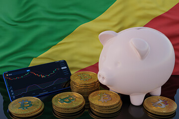 Bitcoin and cryptocurrency investing. Republic of the Congo flag in background. Piggy bank, the of saving concept. Mobile application for trading on stock. 3d render illustration.
