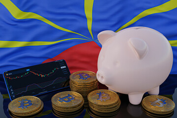 Bitcoin and cryptocurrency investing. Reunion flag in background. Piggy bank, the of saving concept. Mobile application for trading on stock. 3d render illustration.