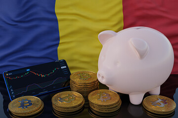 Bitcoin and cryptocurrency investing. Romania flag in background. Piggy bank, the of saving concept. Mobile application for trading on stock. 3d render illustration.