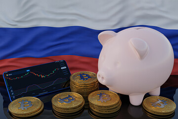 Bitcoin and cryptocurrency investing. Russia flag in background. Piggy bank, the of saving concept. Mobile application for trading on stock. 3d render illustration.