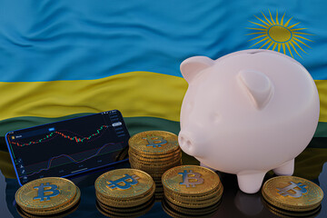 Bitcoin and cryptocurrency investing. Rwanda flag in background. Piggy bank, the of saving concept. Mobile application for trading on stock. 3d render illustration.