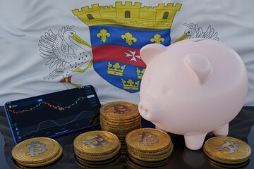 Bitcoin and cryptocurrency investing. Saint Barthelemy flag in background. Piggy bank, the of saving concept. Mobile application for trading on stock. 3d render illustration.