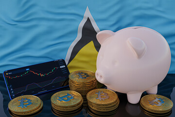 Bitcoin and cryptocurrency investing. Saint Lucia flag in background. Piggy bank, the of saving concept. Mobile application for trading on stock. 3d render illustration.