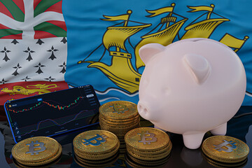 Bitcoin and cryptocurrency investing. Saint Pierre and Miquelon flag in background. Piggy bank, the of saving concept. Mobile application for trading on stock. 3d render illustration.