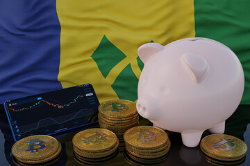 Bitcoin and cryptocurrency investing. Saint Vincent and the Grenadines flag in background. Piggy bank, the of saving concept. Mobile application for trading on stock. 3d render illustration.