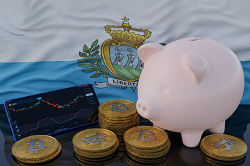 Bitcoin and cryptocurrency investing. San Marino flag in background. Piggy bank, the of saving concept. Mobile application for trading on stock. 3d render illustration.