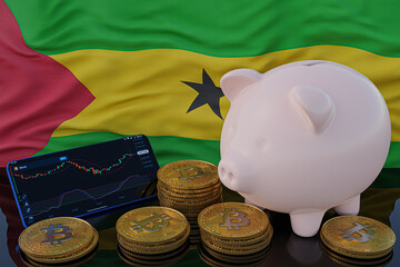 Bitcoin and cryptocurrency investing. Sao Tome and Principe flag in background. Piggy bank, the of saving concept. Mobile application for trading on stock. 3d render illustration.