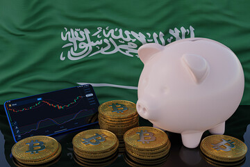 Bitcoin and cryptocurrency investing. Saudi Arabia flag in background. Piggy bank, the of saving concept. Mobile application for trading on stock. 3d render illustration.