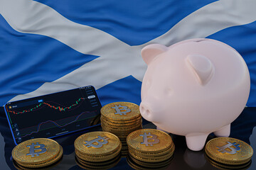 Bitcoin and cryptocurrency investing. Scotland flag in background. Piggy bank, the of saving concept. Mobile application for trading on stock. 3d render illustration.