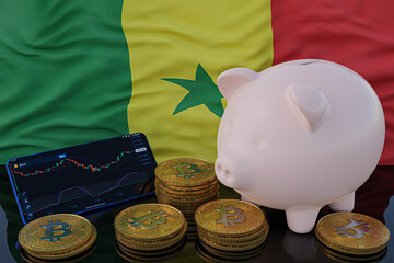 Bitcoin and cryptocurrency investing. Senegal flag in background. Piggy bank, the of saving concept. Mobile application for trading on stock. 3d render illustration.