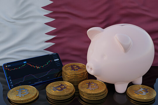 Bitcoin and cryptocurrency investing. Qatar flag in background. Piggy bank, the of saving concept. Mobile application for trading on stock. 3d render illustration.