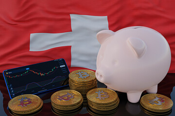 Bitcoin and cryptocurrency investing. Switzerland flag in background. Piggy bank, the of saving concept. Mobile application for trading on stock. 3d render illustration.