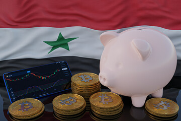 Bitcoin and cryptocurrency investing. Syria flag in background. Piggy bank, the of saving concept. Mobile application for trading on stock. 3d render illustration.