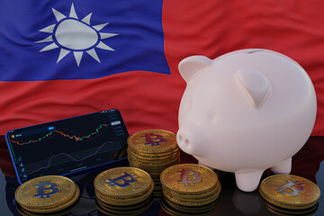 Bitcoin and cryptocurrency investing. Taiwan flag in background. Piggy bank, the of saving concept. Mobile application for trading on stock. 3d render illustration.