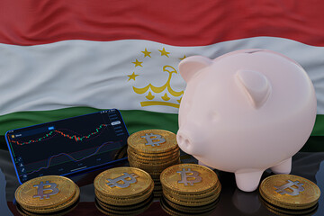 Bitcoin and cryptocurrency investing. Tajikistan flag in background. Piggy bank, the of saving concept. Mobile application for trading on stock. 3d render illustration.