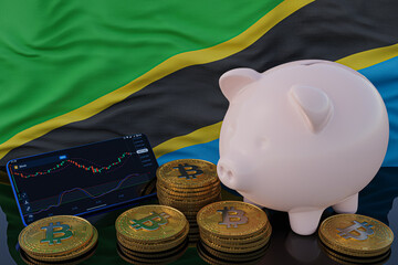 Bitcoin and cryptocurrency investing. Tanzanian flag in background. Piggy bank, the of saving concept. Mobile application for trading on stock. 3d render illustration.