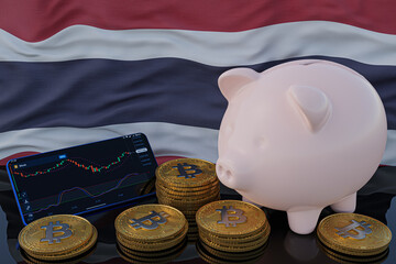Bitcoin and cryptocurrency investing. Thailand flag in background. Piggy bank, the of saving concept. Mobile application for trading on stock. 3d render illustration.