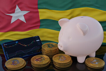 Bitcoin and cryptocurrency investing. Togo flag in background. Piggy bank, the of saving concept. Mobile application for trading on stock. 3d render illustration.