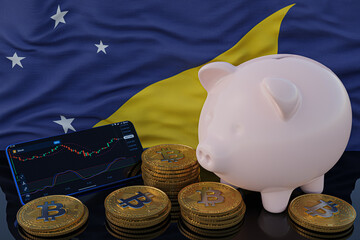 Bitcoin and cryptocurrency investing. Tokelau flag in background. Piggy bank, the of saving concept. Mobile application for trading on stock. 3d render illustration.