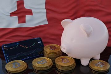 Bitcoin and cryptocurrency investing. Tonga flag in background. Piggy bank, the of saving concept. Mobile application for trading on stock. 3d render illustration.