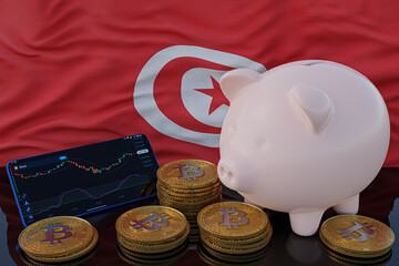 Bitcoin and cryptocurrency investing. Tunisia flag in background. Piggy bank, the of saving concept. Mobile application for trading on stock. 3d render illustration.