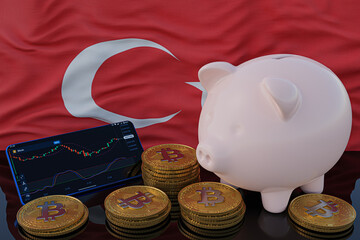 Bitcoin and cryptocurrency investing. Turkey flag in background. Piggy bank, the of saving concept. Mobile application for trading on stock. 3d render illustration.