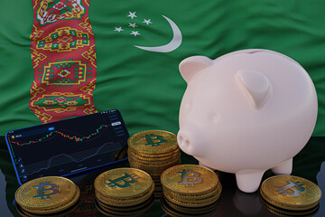 Bitcoin and cryptocurrency investing. Turkmenistan flag in background. Piggy bank, the of saving concept. Mobile application for trading on stock. 3d render illustration.