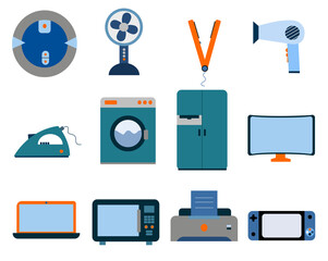 Electronics and appliances icons set. Set of laptop, microwave, robot vacuum, printer, smart tv, fridge, game console, hair dryer, iron, washing machine, fan